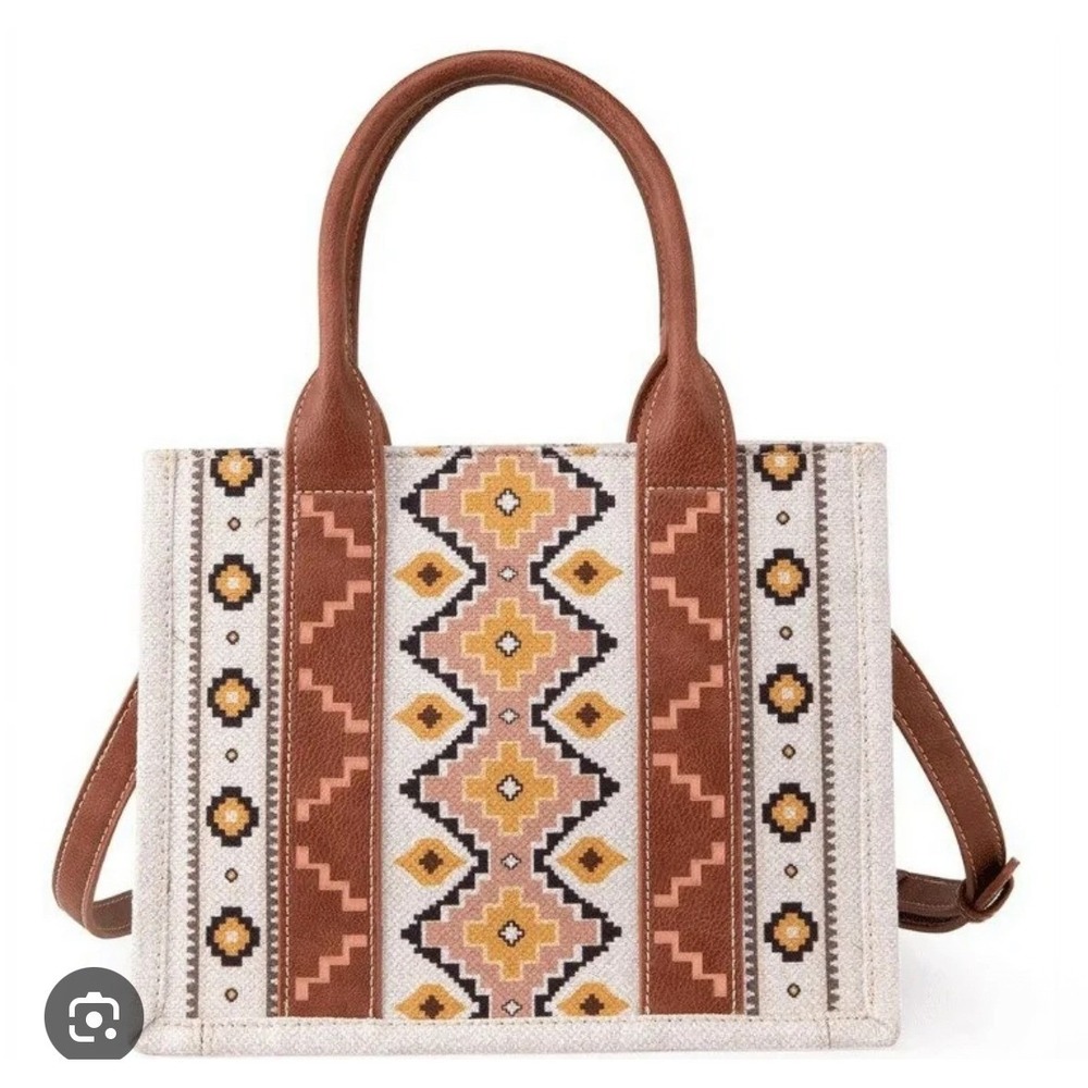 Wrangler Western Tote Bag Geometric Pattern Canvas Leather Top Handle Shoulder